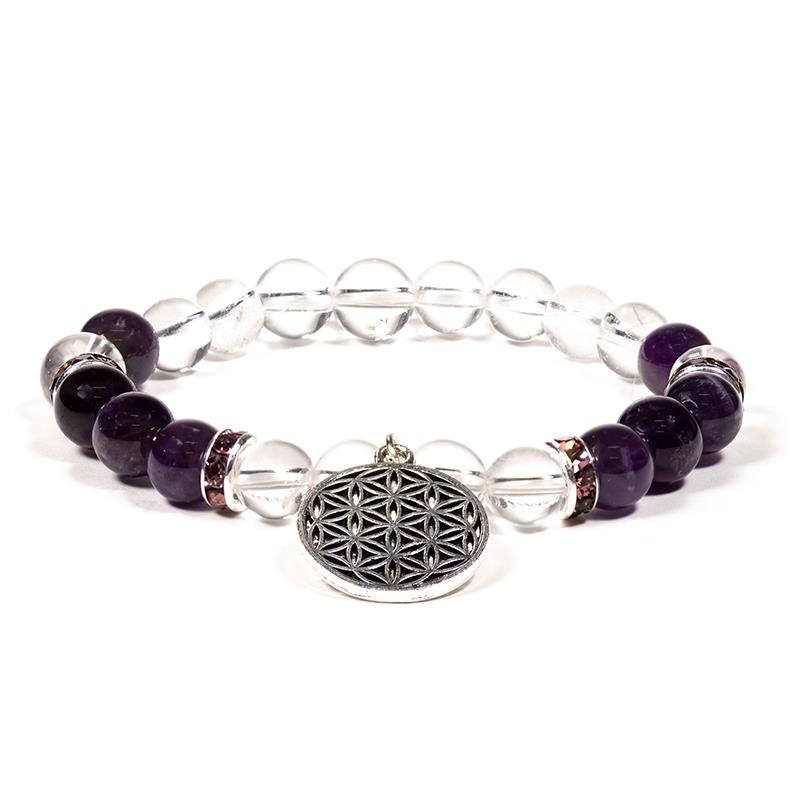 Armband Bergkristall-Amethyst mit Blume des Lebens