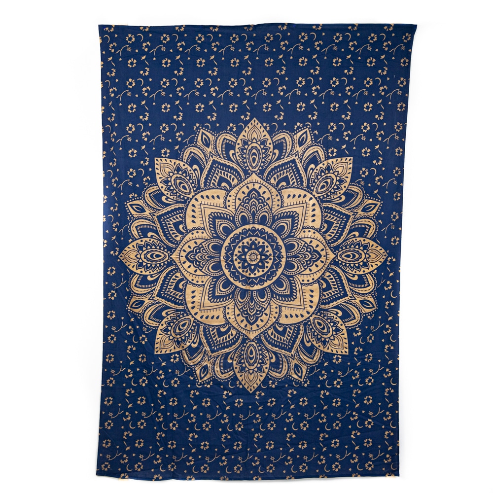 Authentisches Mandala Wandtuch Baumwolle Blau-Gold (215 x 135 cm)