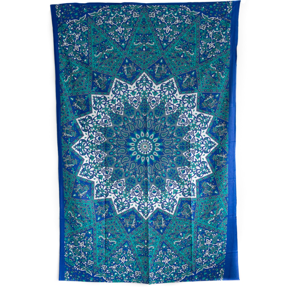 Authentisches Mandala Wandtuch Baumwolle Blau-Wei- (215 x 135 cm)