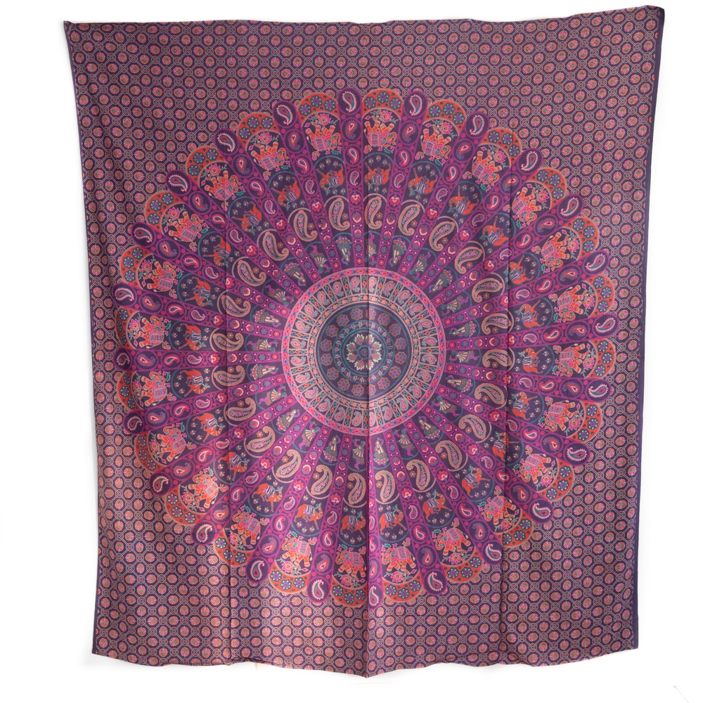 Authentisches Mandala Wandtuch Baumwolle purpur mit Elefanten und Kamelen (240 x 210 cm)