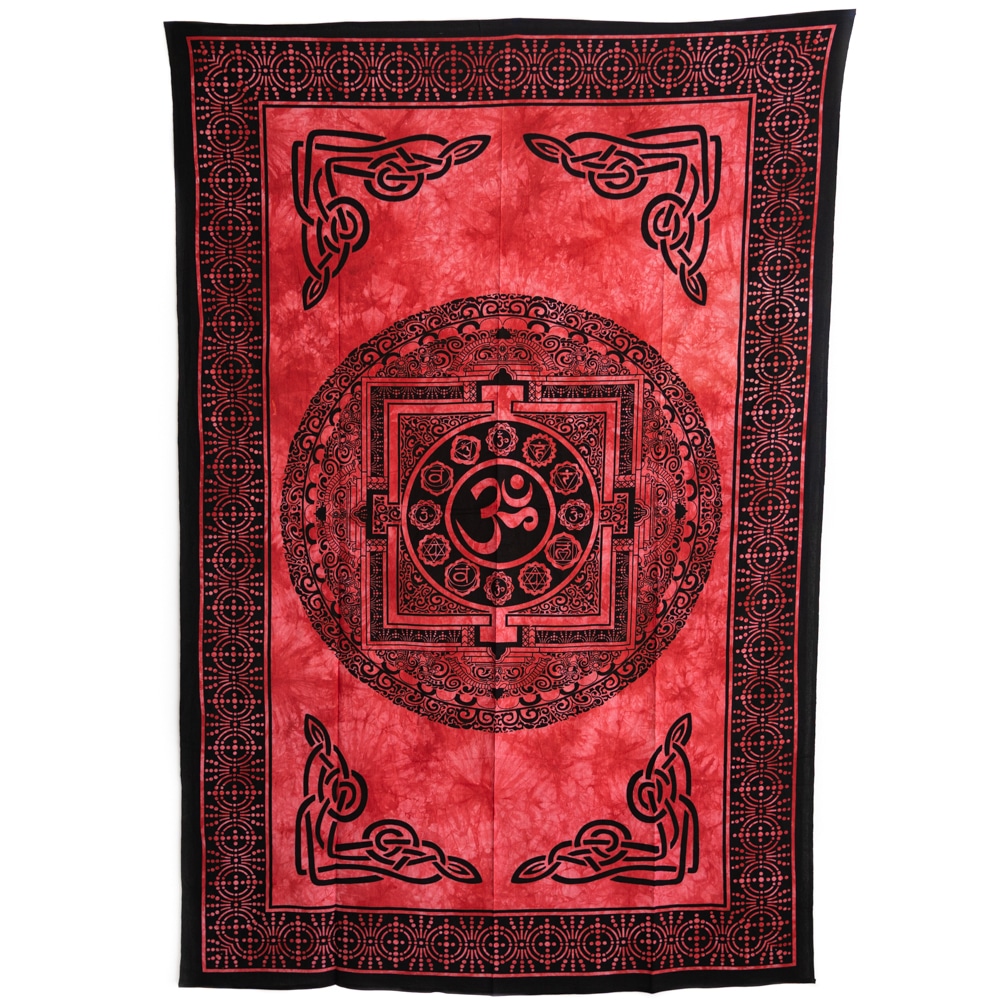 Authentisches Wandtuch Baumwolle Chakra Kreis OM Rot (215 x 135 cm)