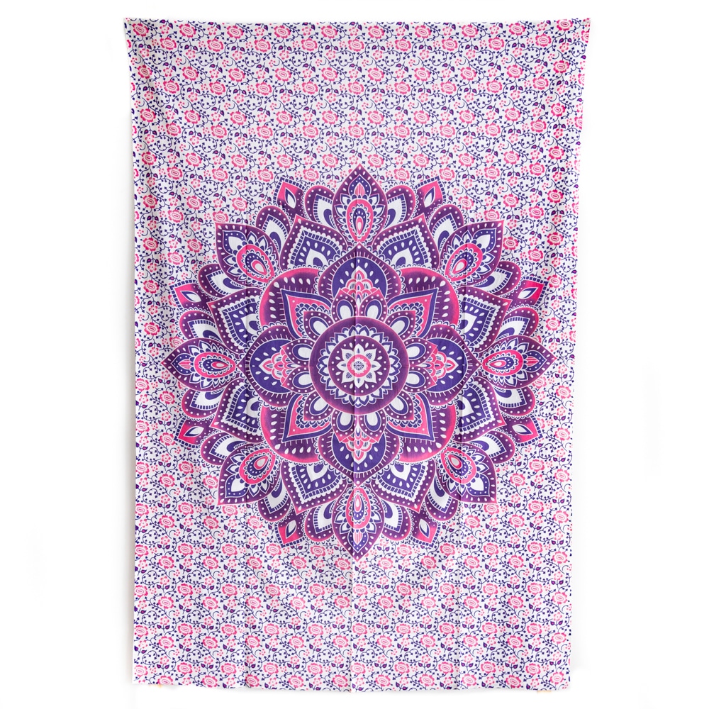 Authentisches Wandtuch Baumwolle mit violettem Mandala und Blumen (215 x 135 cm)