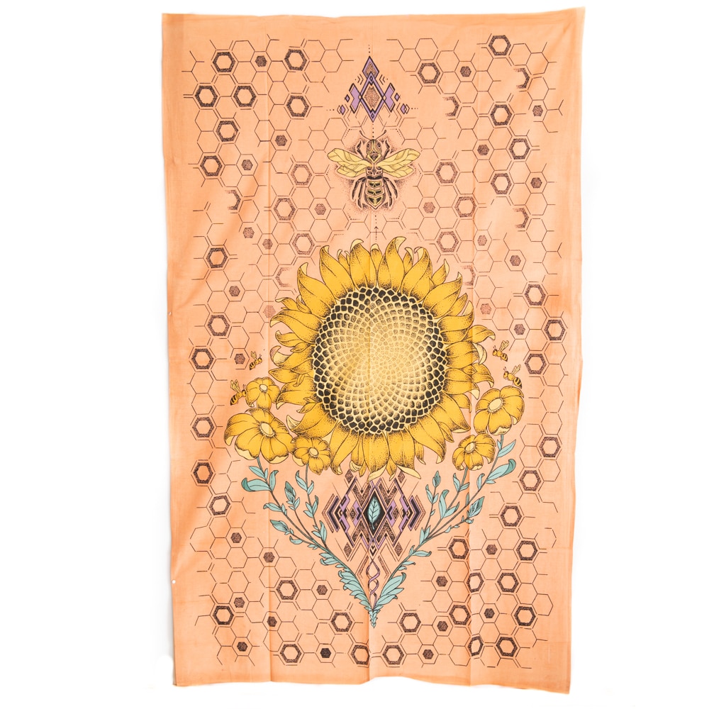 Authentisches Wandtuch Sonnenblume und Biene aus Baumwolle (215 x 135 cm)