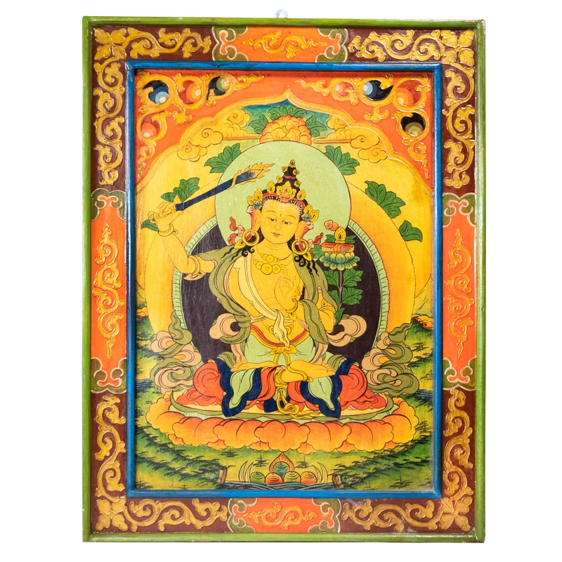 Buddha Manjushri Tangkha Tafel aus Holz (66 x 52 cm)