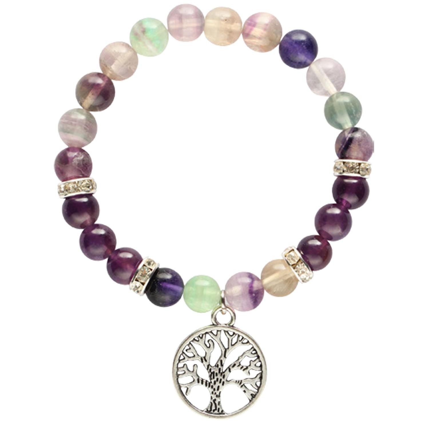 Edelstein-Armband Fluorit - Amethyst mit Baum des Lebens-Charme (elastisch)