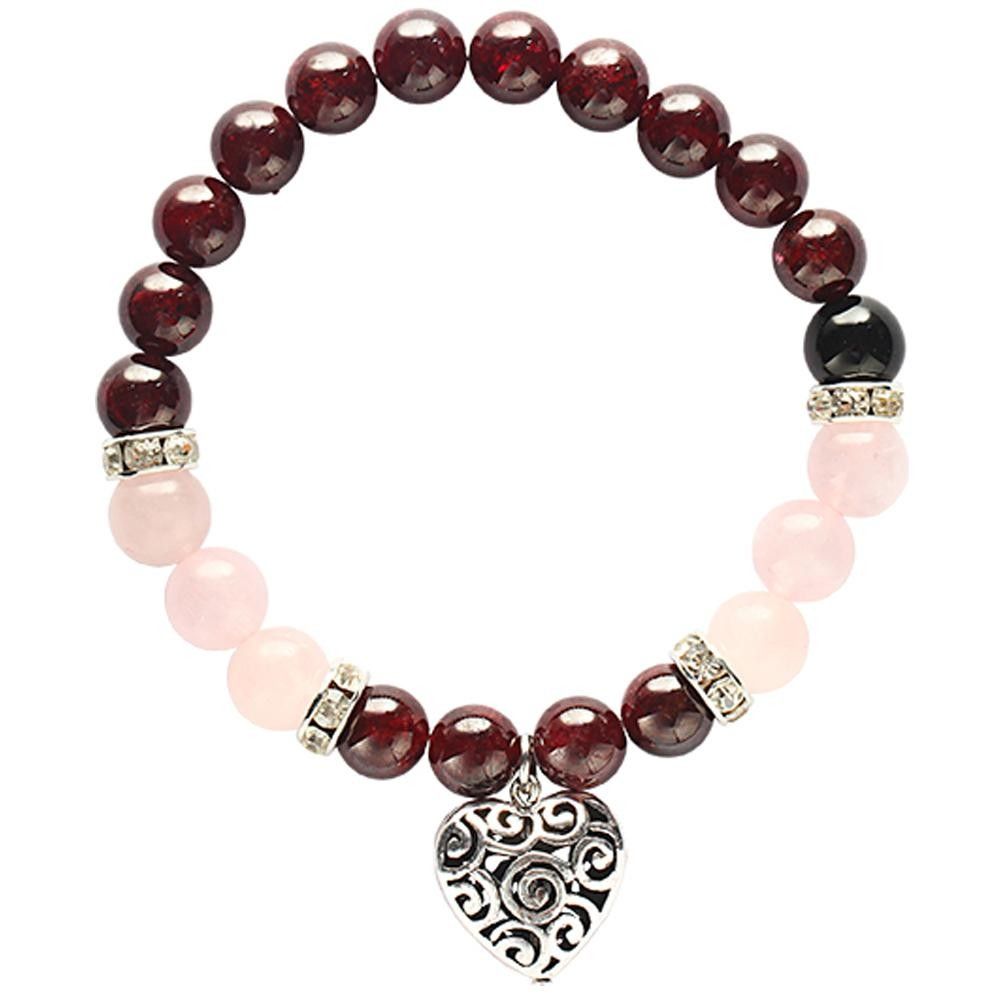 Edelstein-Armband Granat-Rosenquarz mit Herz-Charme (elastisch) unter Schmuck - Boho Schmuck - Boho Armb?nder - Schmuck - Edelstein-Armb?nder - Perlenarmb?nder