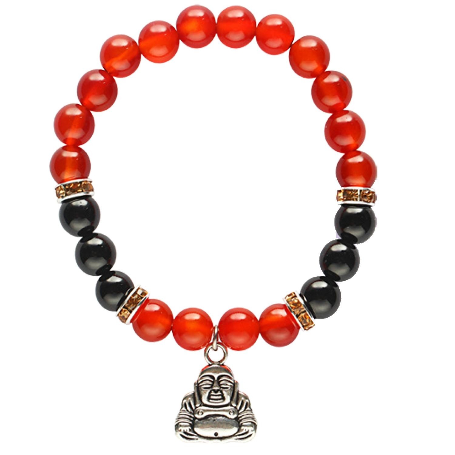 Edelstein-Armband Karneol-Onyx mit Happy-Buddha-Charme (elastisch)