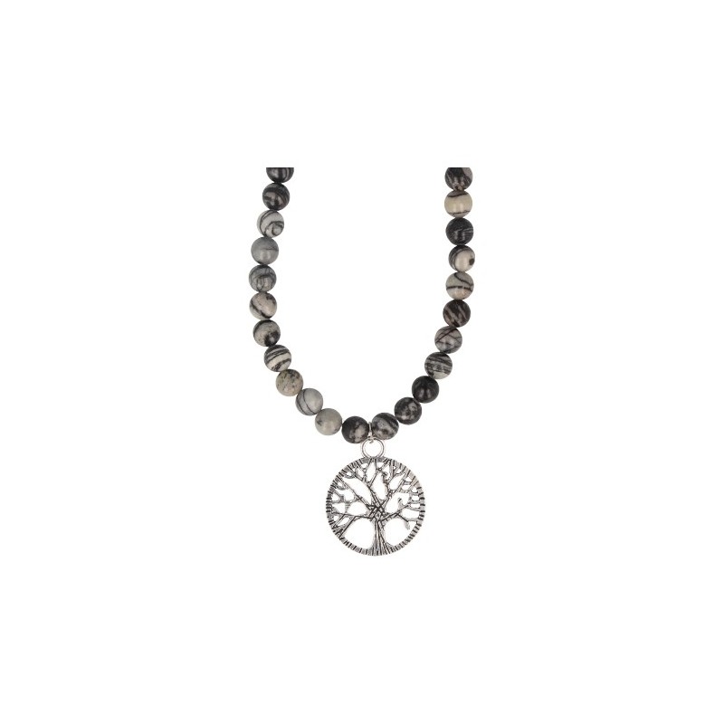 Edelstein Perlen Halskette Jaspis Picasso mit Lebensbaum