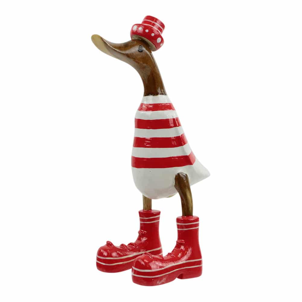 Ente aus Holz mit Hut und Stiefeln - gestreift Rot (28 x 16 cm)