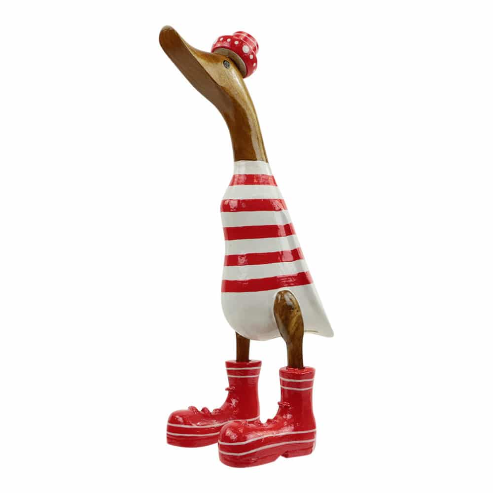 Ente aus Holz mit Hut und Stiefeln - gestreift Rot (35 x 17 cm)