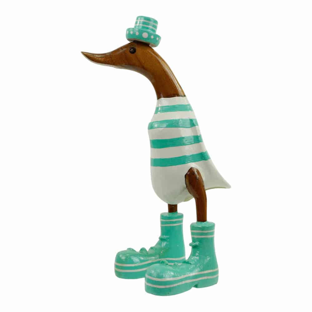 Ente aus Holz mit Hut und Stiefeln - gestreift T-rkis (28 x 16 cm)