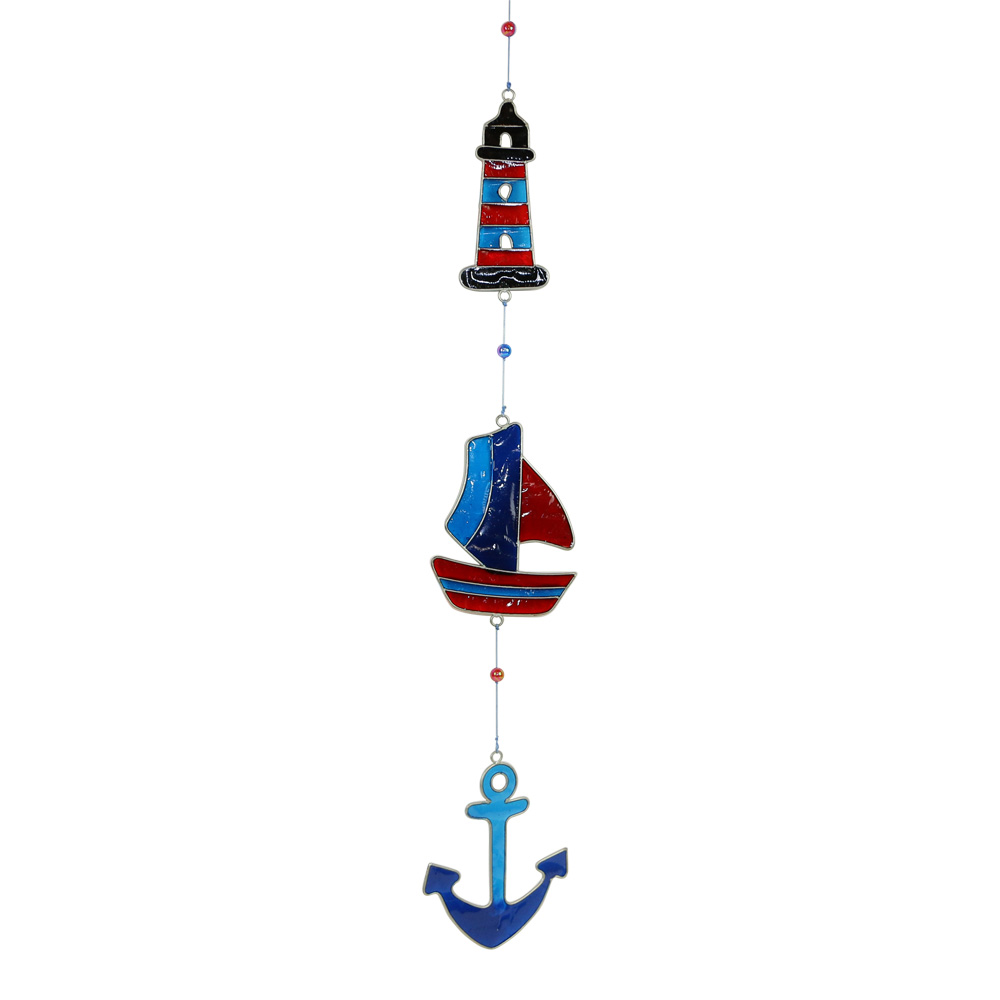 Fensterdekoration Segelboot-Leuchtturm (blau-rot)