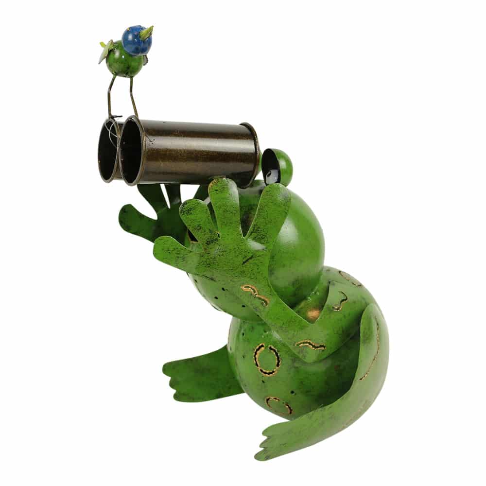 Frosch aus Metall mit Fernglas und Vogel (33 x 19 x 25 cm)