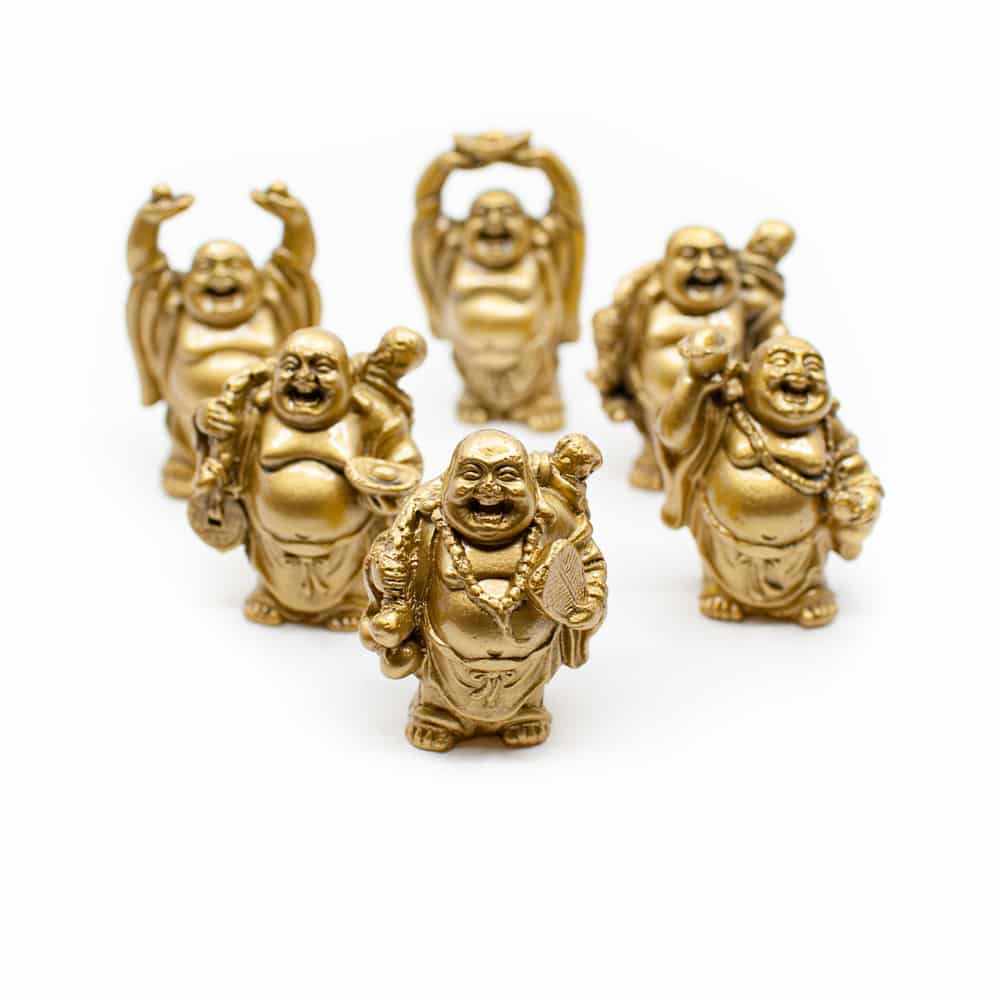 Gl-cks-Buddha Mini-Statuen Stehend Polyresin Gold - Satz von 6 - ca- 7-5 cm unter Spiritualit?t - Gl?ck & Schutz - Gl?cksbringer - Spiritualit?t - Gl?ck & Schutz - Gl?ckspuppen - Home & Living - Spirituelle Figuren - Buddha Figuren - Happy Buddha - Home & Living - Spirituelle Figuren - Buddha Figuren - Mini Buddha