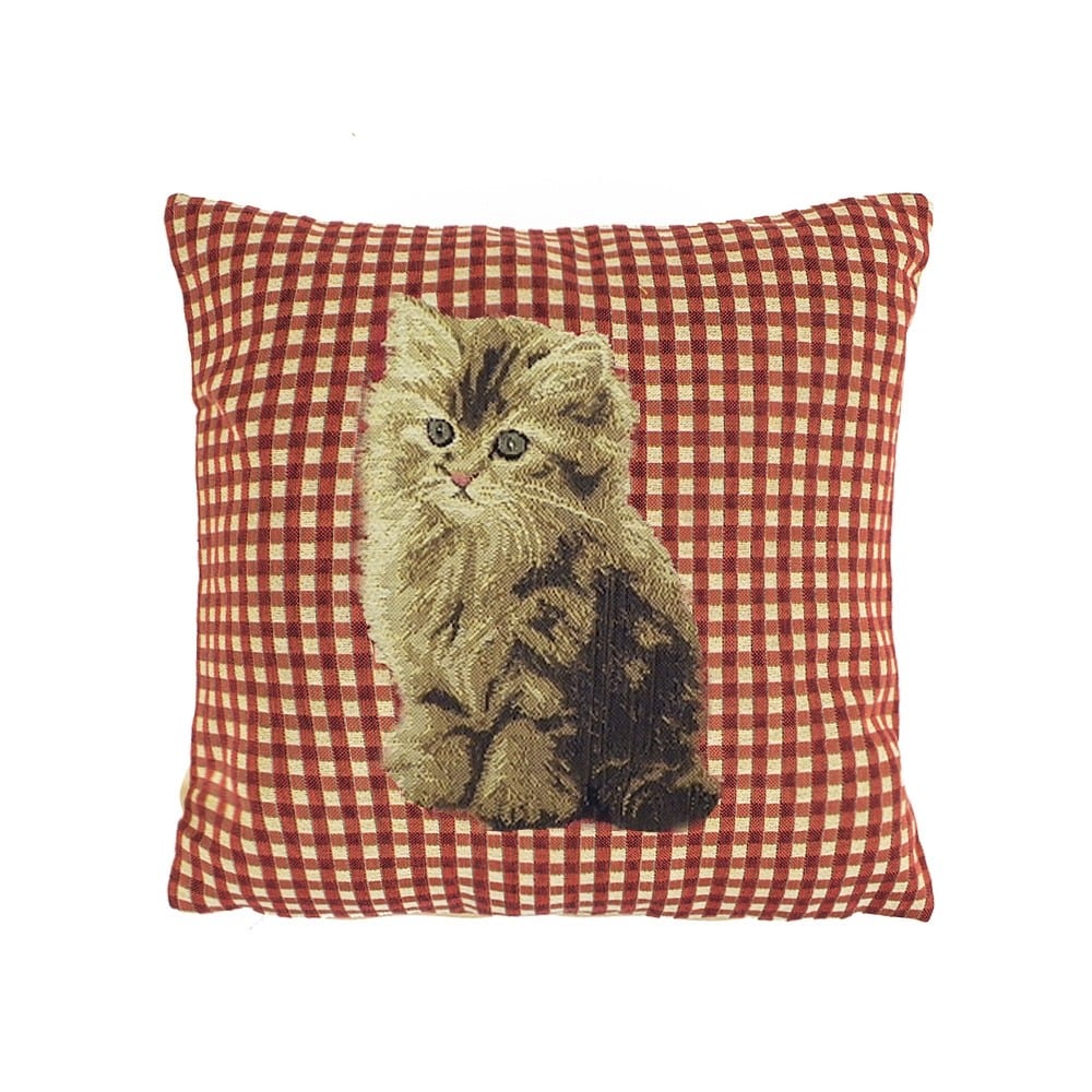 Gobelin Kissen Braune Katze - Rot Kariert (32 x 32 cm)