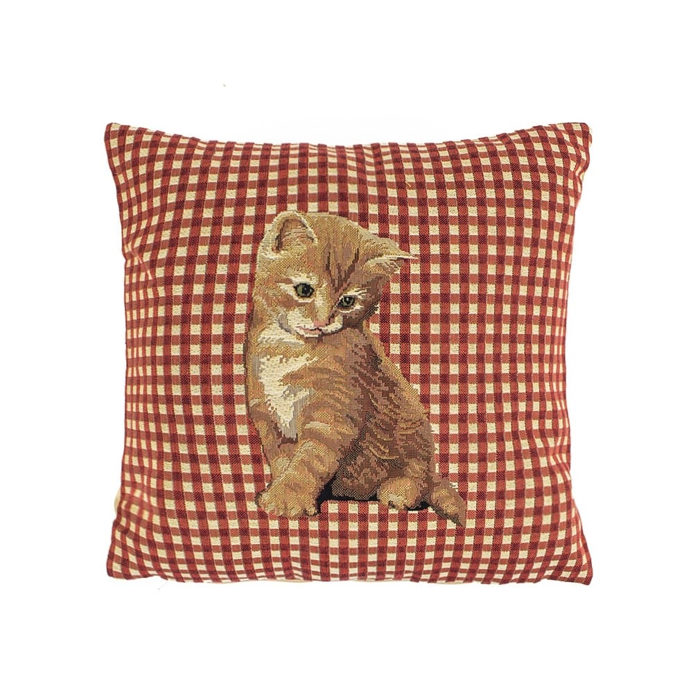 Gobelin Kissen Rote Katze - Rot Kariert (32 x 32 cm)