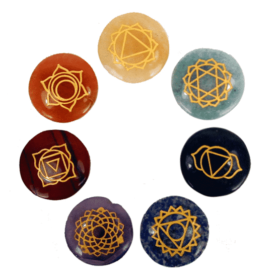Halbedelsteine - Chakra-Symbole mit Tasche (7er Set- rund)