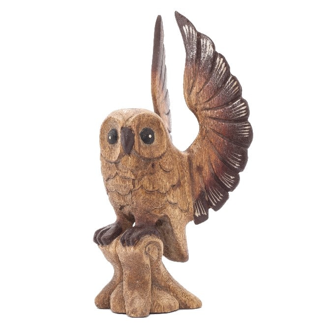 Holz Statue Eule mit offenen Fl-geln (26 cm)