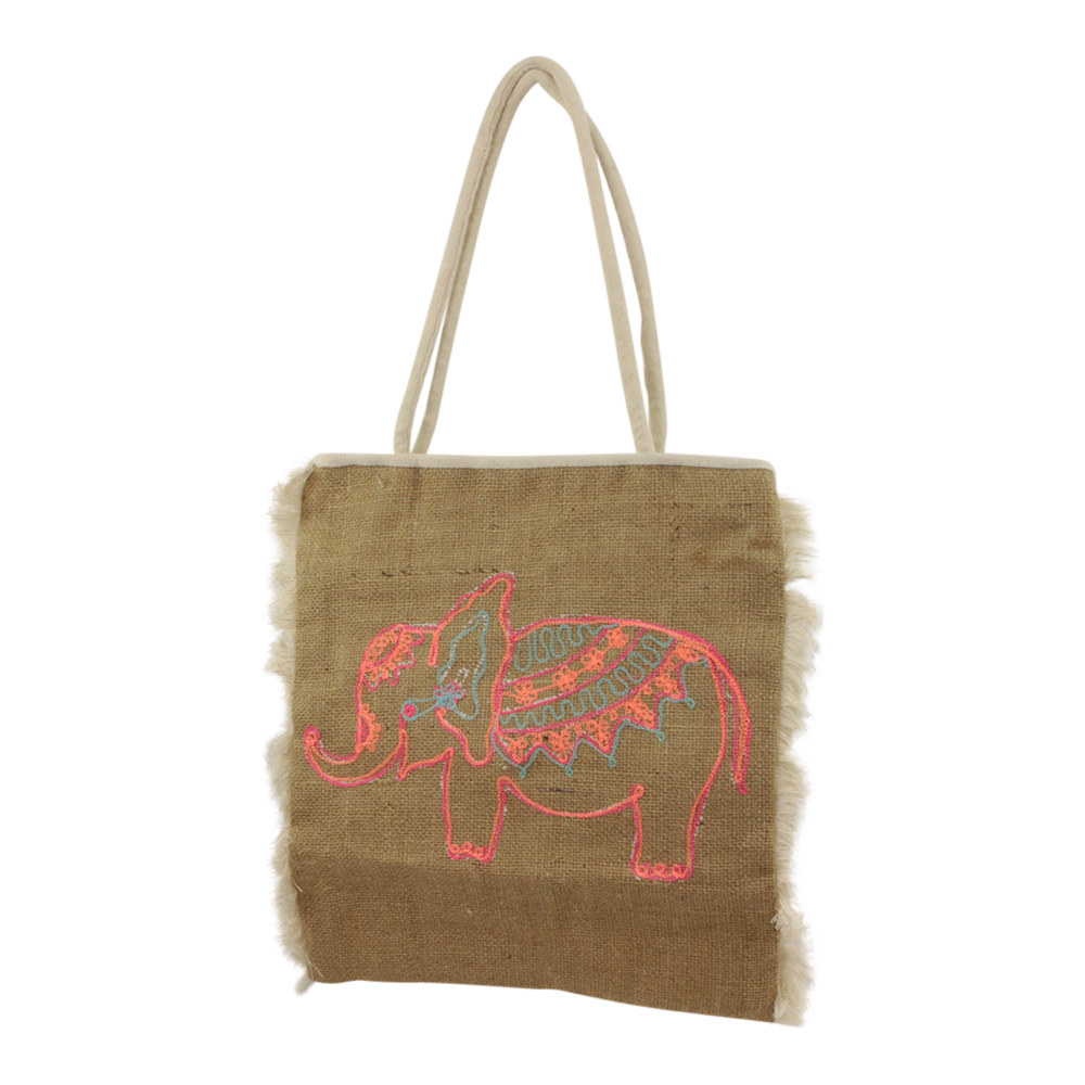 Jute Einkaufstasche mit Gesticktes Elefant (38 x 33 x 5 cm)