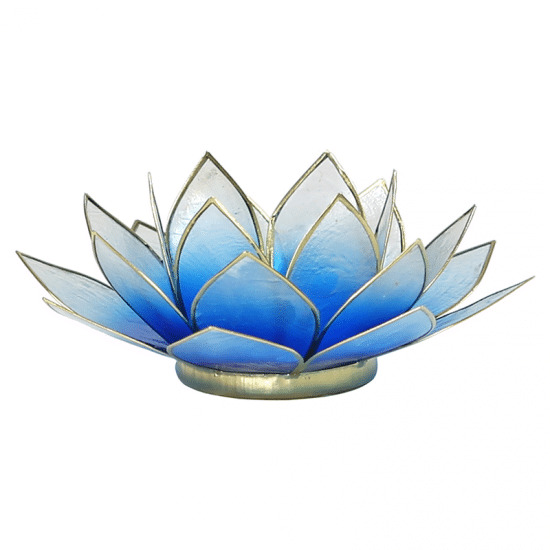Lotus Teelichthalter blau-wei- (Rand goldfarbig)