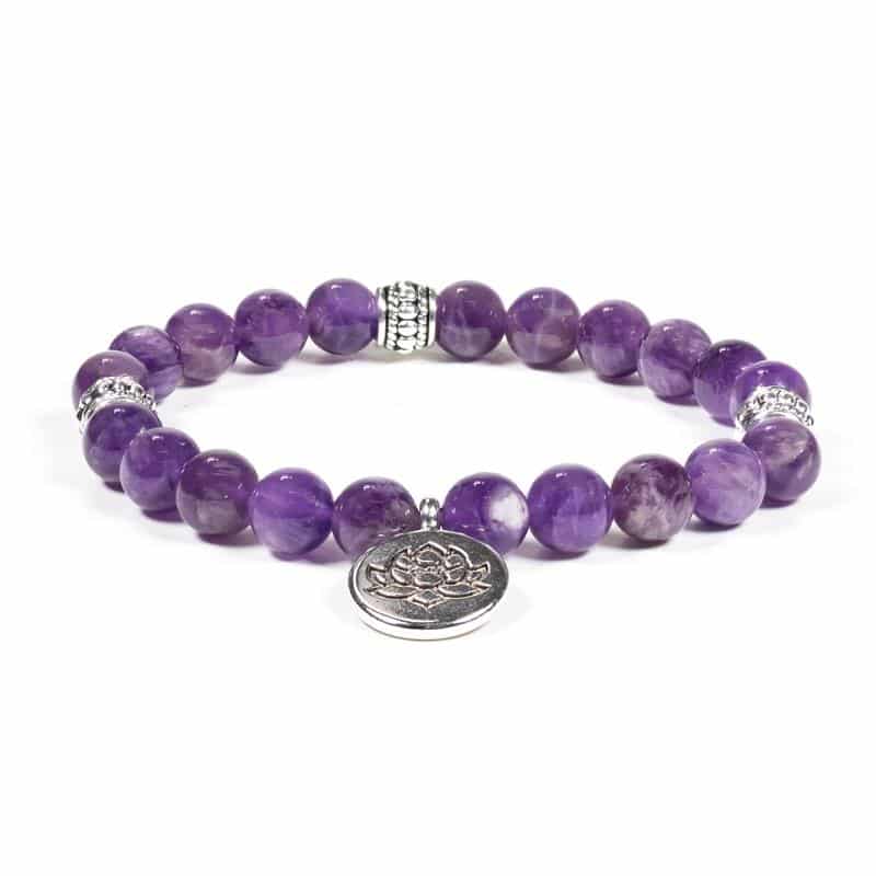 Mala-Armband Amethyst elastisch mit Lotus unter Schmuck - Lotusschmuck - Lotus Armband - Schmuck - Malas - Mala Armb?nder