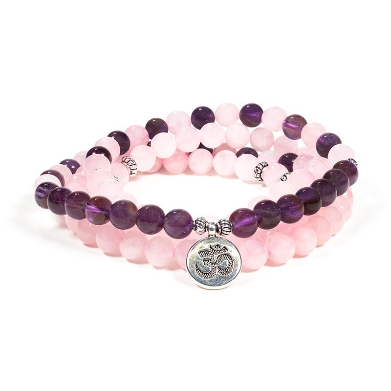 Mala-Armband Rosenquarz-Amethyst elastisch mit Ohm