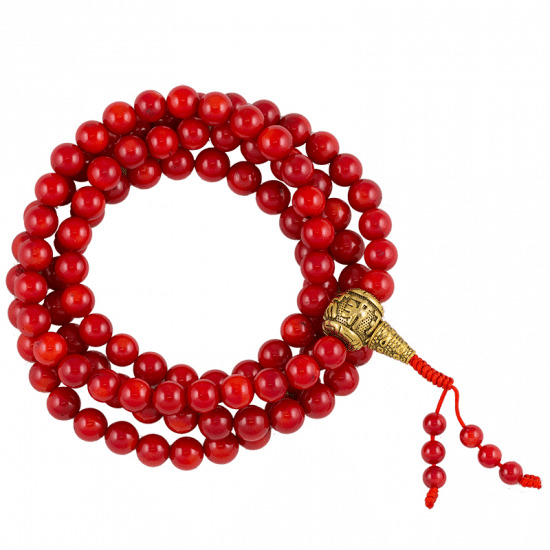 Mala Coral in AA-Qualit-t mit Guruperle und Tasche