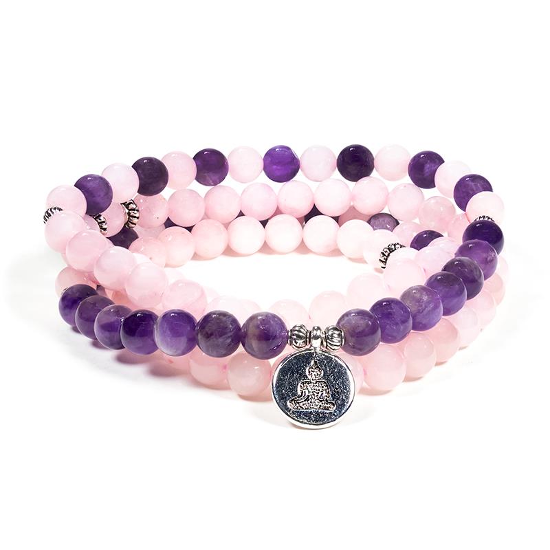 Mala Rosenquarz-Amethyst elastisch mit Buddha