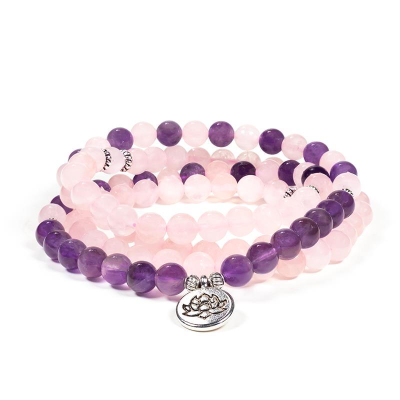 Mala Rosenquarz-Amethyst elastisch mit Lotus