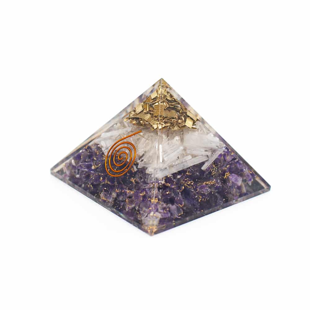 Orgonit-Pyramide Amethyst und Selenit (70 mm)