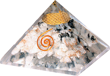 Orgonit Pyramide Regenbogen Mondstein mit Blume des Lebens