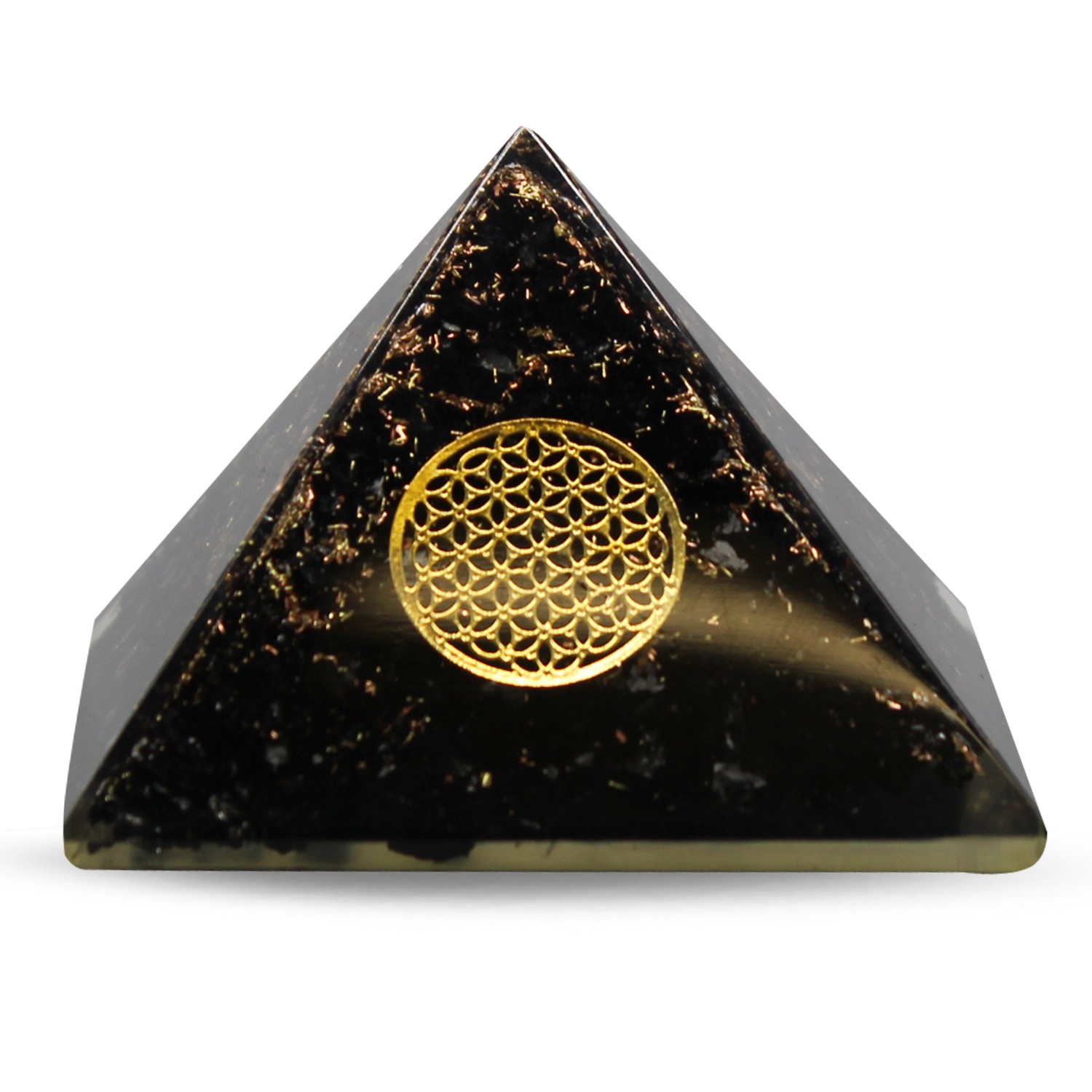 Orgonitpyramide aus schwarzem Turmalin mit Blume des Lebens