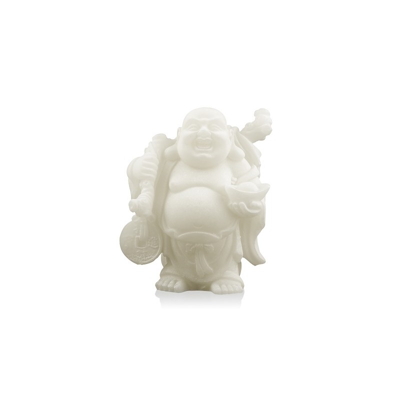 Schneequarz Statue Buddha mit Rucksack und Schale (9 cm)