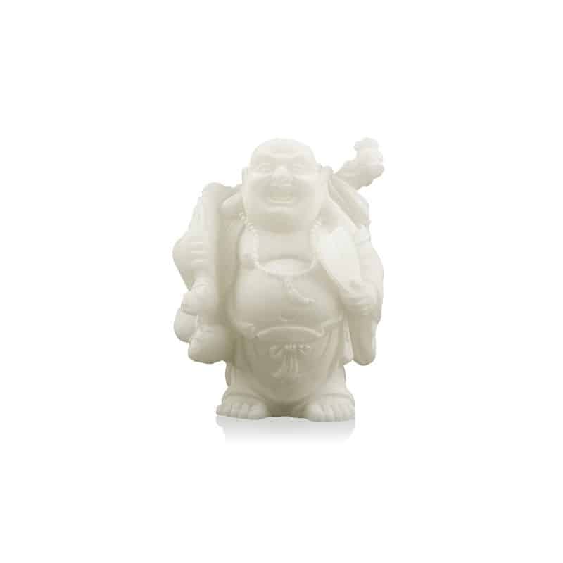 Schneequarz Statue Buddha mit Rucksack und Spiegel (9 cm)