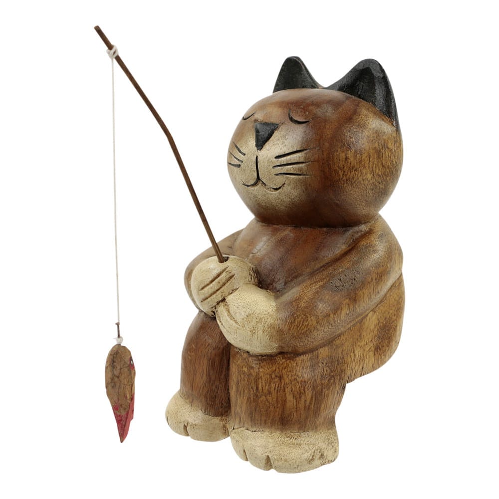 Statue aus Holz Angeln Katze (21 x 13 cm)