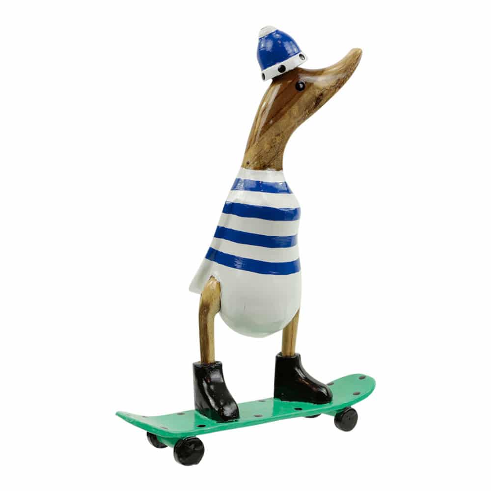 Statue aus Holz Ente auf Skateboard Blau (28 x 20 cm)