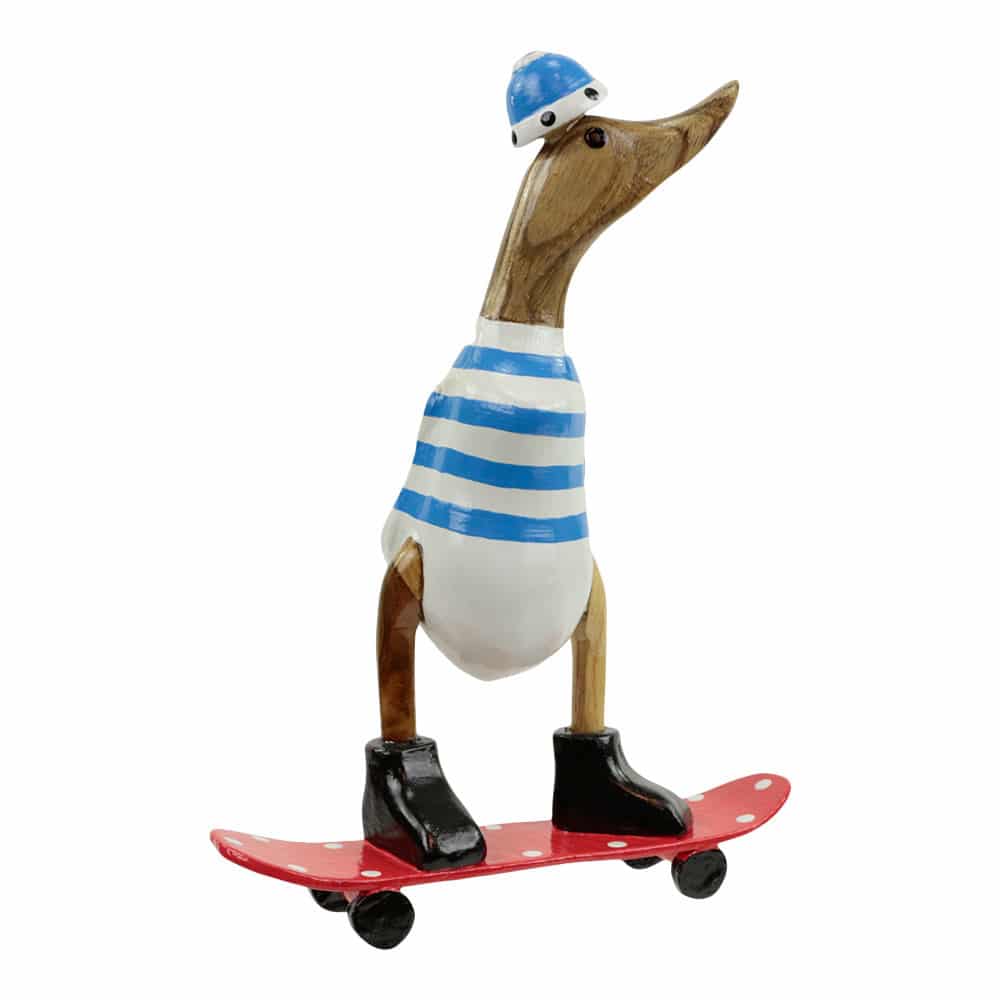 Statue aus Holz Ente auf Skateboard Hellblau (28 x 20 cm)