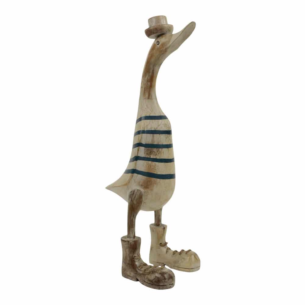 Statue aus Holz Ente gestreift mit wei-em Hut (44 x 24 x 14 cm)