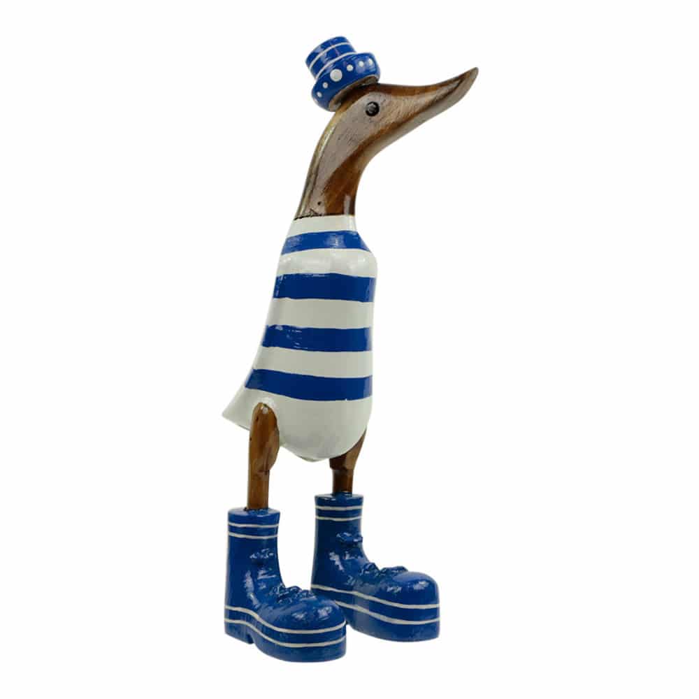 Statue aus Holz Ente mit Hut und Stiefel - Blau gestreift (28 x 16 cm)