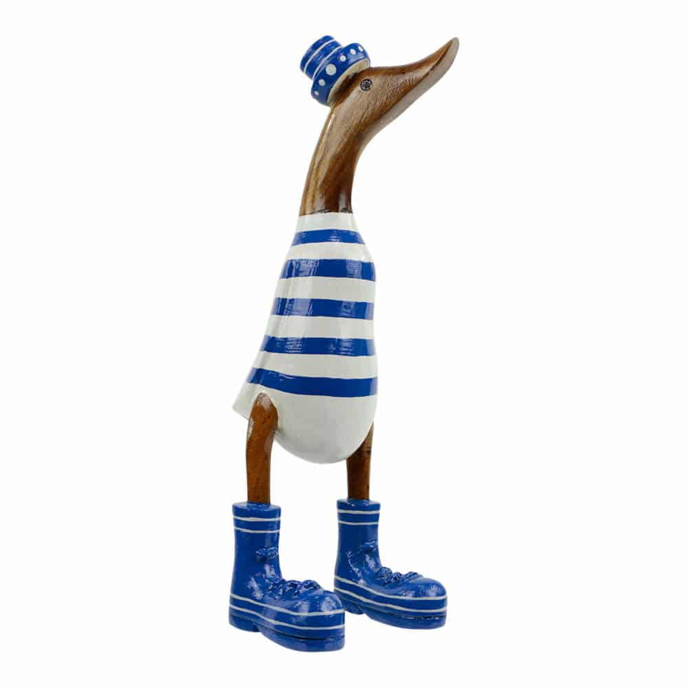 Statue aus Holz Ente mit Hut und Stiefel - Blau gestreift (35 x 17 cm)