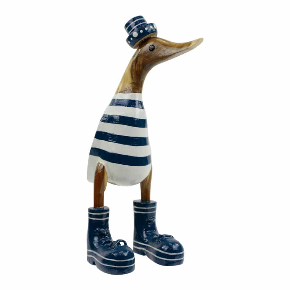 Statue aus Holz Ente mit Hut und Stiefeln - gestreift dunkelblau (28 x 16 cm)