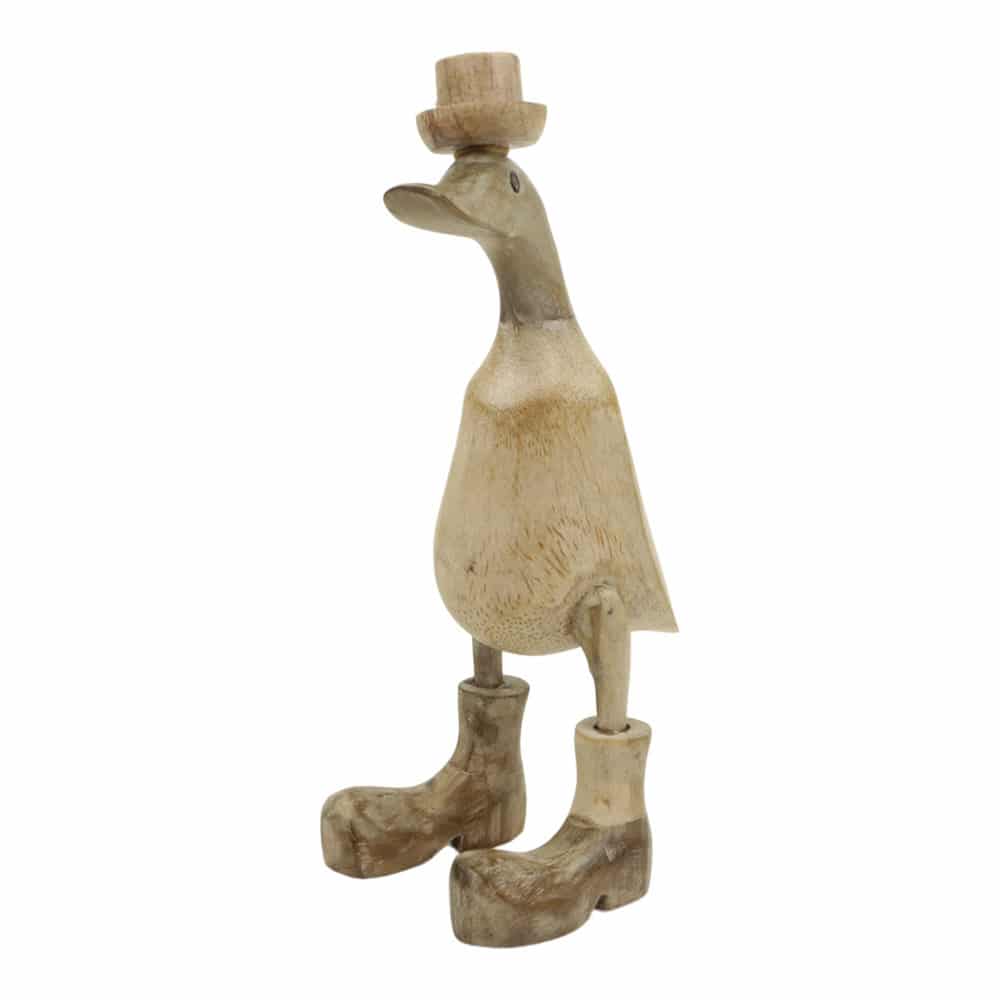 Statue aus Holz Ente Whitewash mit Hut (28 x 14 x 10 cm)