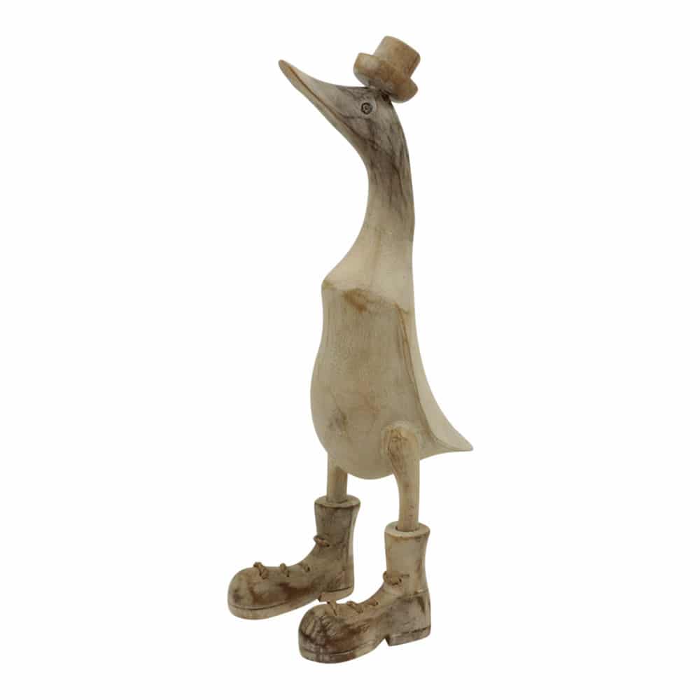 Statue aus Holz Ente Whitewash mit Hut (36 x 16 x 10 cm)