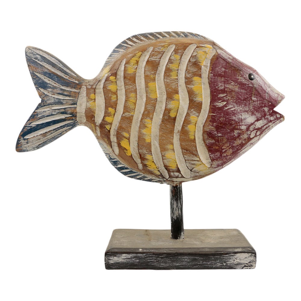 Statue aus Holz Fisch auf Standard gestreift (35 x 30 cm)