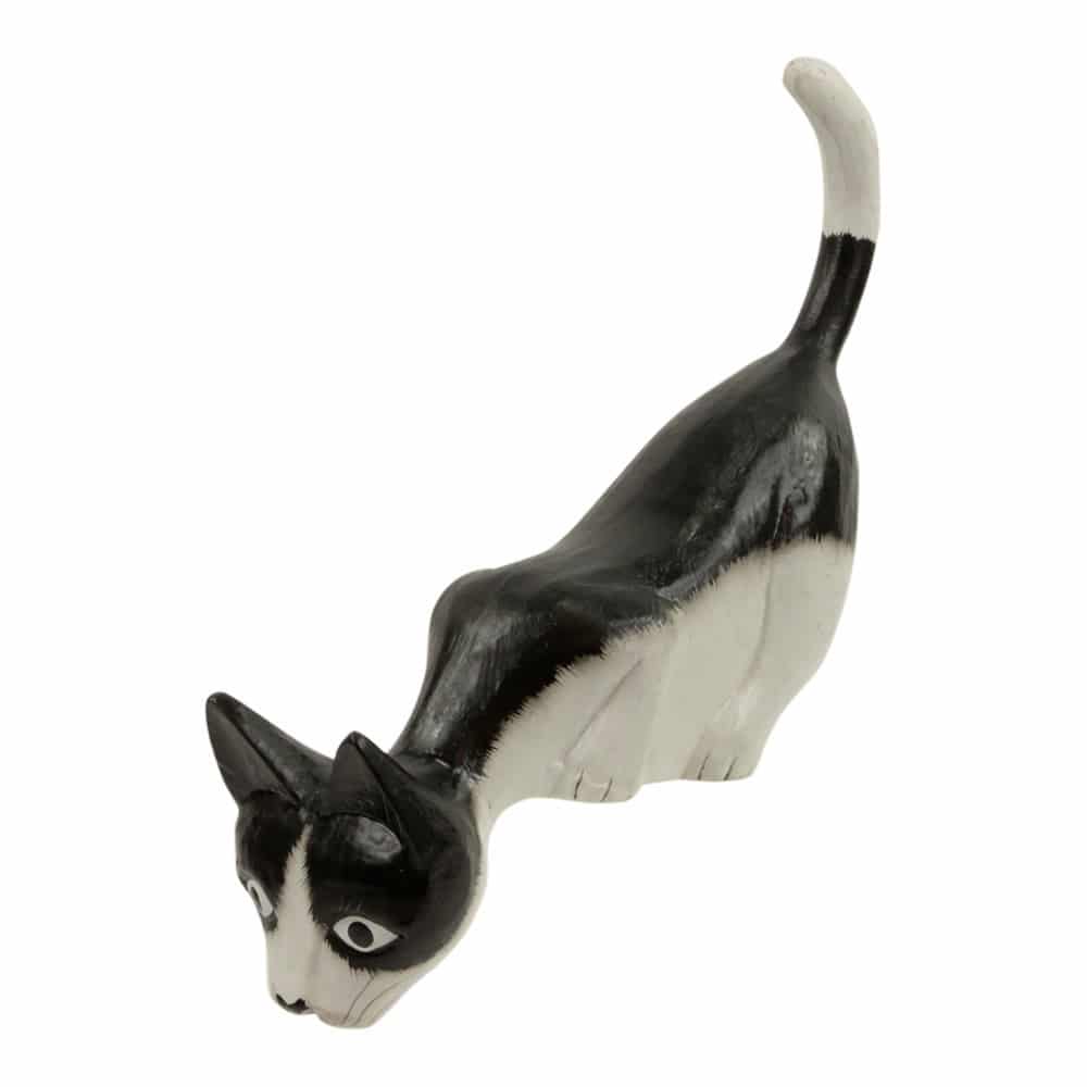 Statue aus Holz Katze - Schwarz-Weiss - schaut nach unten (26 x 21 x 8 cm)