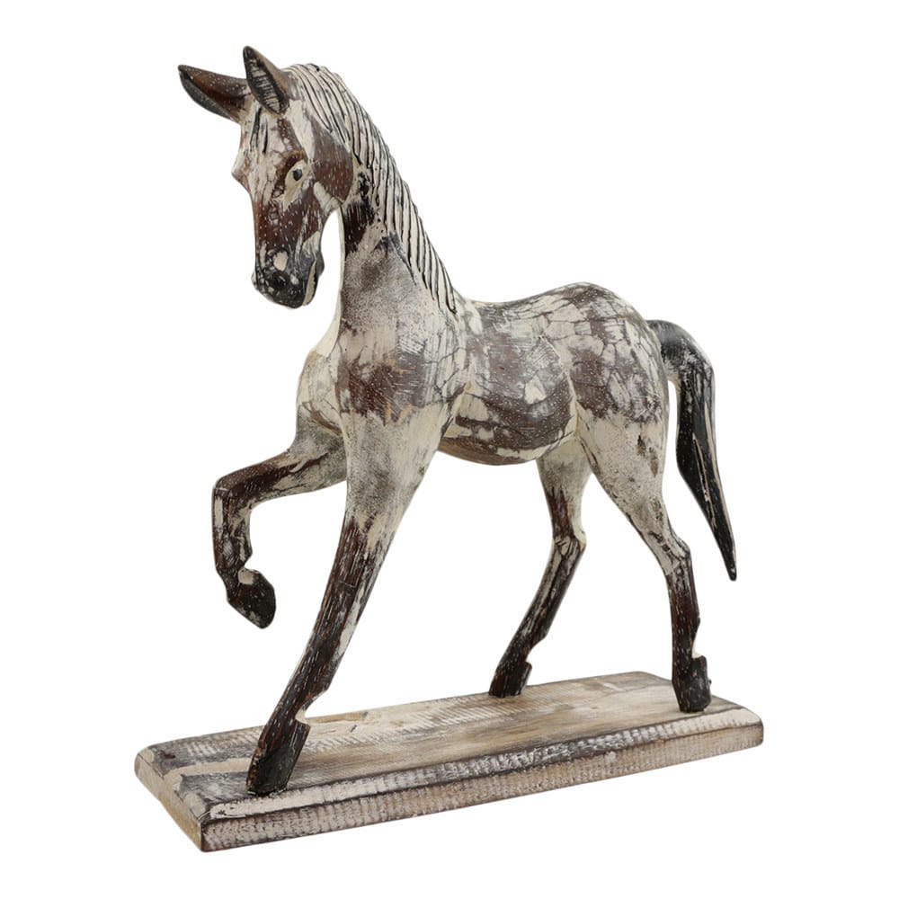 Statue aus Holz Pferd laufend Whitewash (25 x 25 cm)