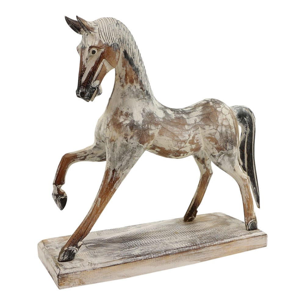 Statue aus Holz Pferd laufend Whitewash (38 x 38 cm)