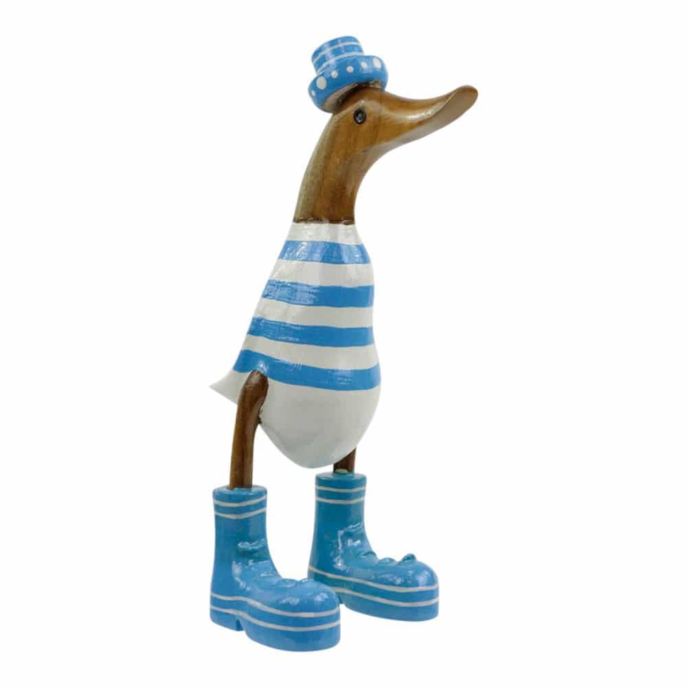Statue Ente aus Holz mit Hut und Stiefeln - gestreift hellblau (28 x 16 cm)