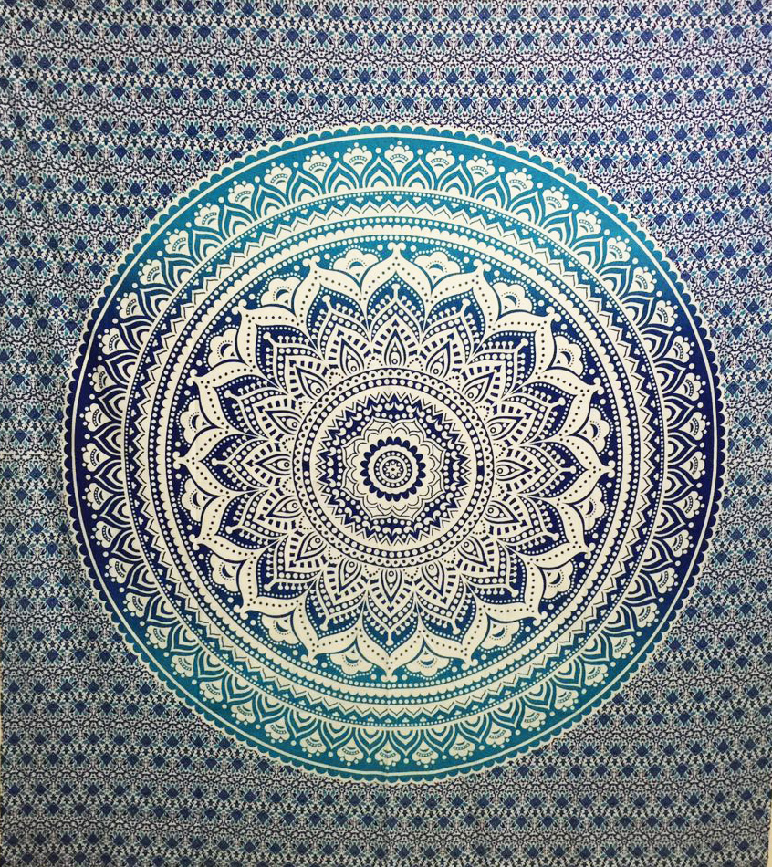 Tagesdecke- Wandtuch aus Baumwolle - Lotus - Mandala (blau)
