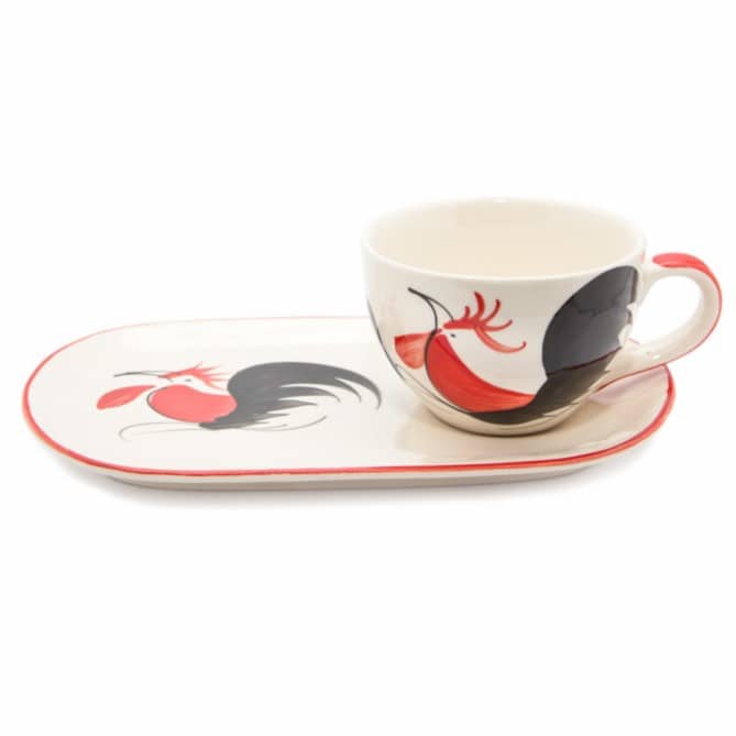 Tasse mit ovalem Unterteller mit Hahn aus Keramik